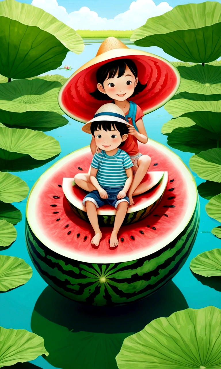 Hot summer，Two children sitting on a giant watermelon-shaped boat，Back，Wear a sun hat，Fundo verde claro，Summer elements，Lotus Pond，A hot, sunny day in midsummer，Comic Style，Fresh and beautiful atmosphere