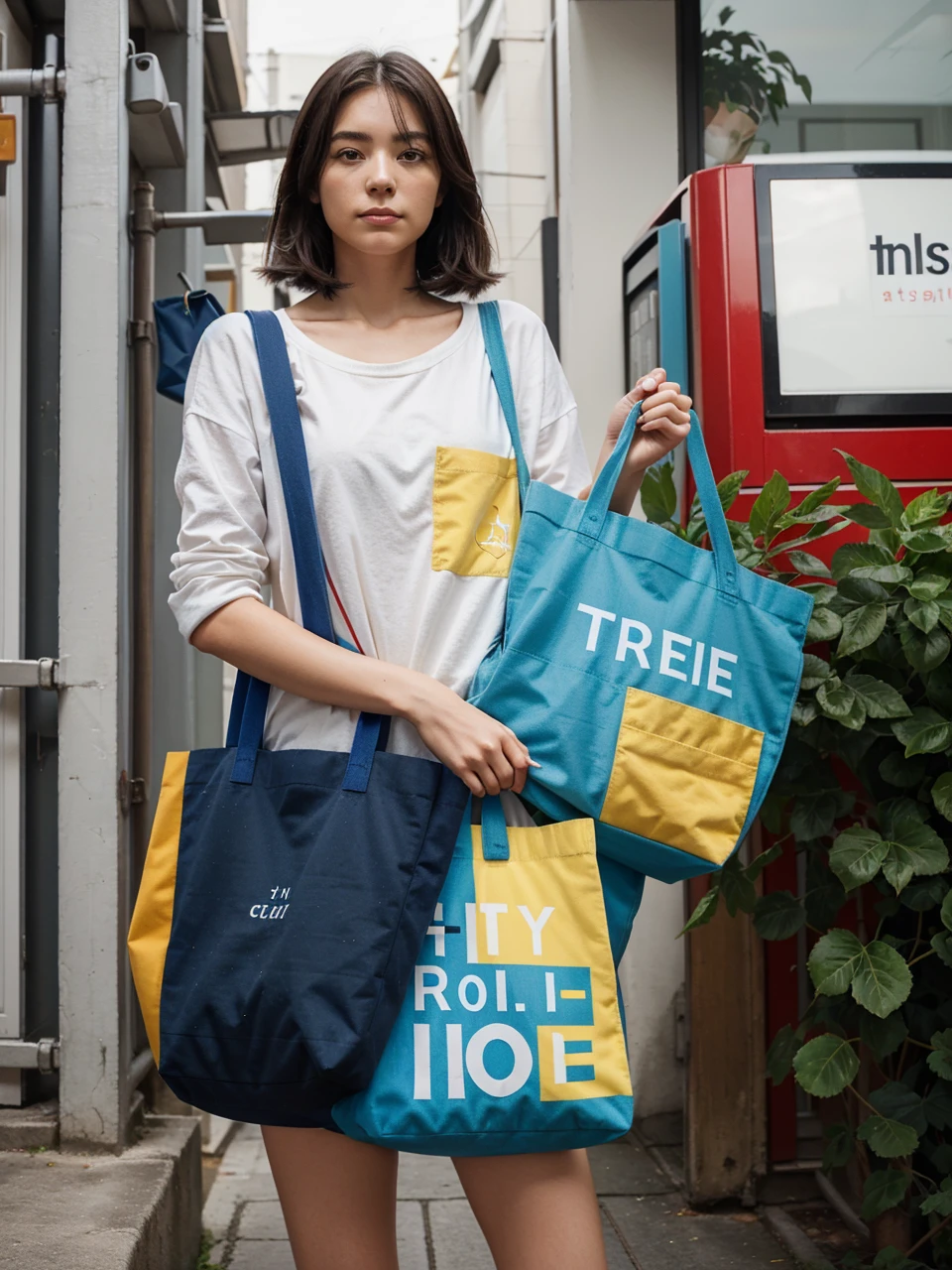 A minimalist illustration、Tote bag in blue、red、yellow、green、In colors such as black「GPT、gemini、Note etc.」She uses a tote bag with the text "I'm a racist" printed on it.、Chibi style women、With sparkling brown eyes、Short bob with brown hair、She has messy black hair etc.。redのカジュアルスタイルを着ています。I have a fun look on my face。Change background to club