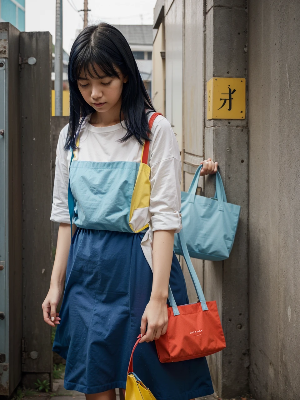 A minimalist illustration、Tote bag in blue、red、yellow、green、In colors such as black「GPT、gemini、Note etc.」She uses a tote bag with the text "I'm a racist" printed on it.、Chibi style women、With sparkling brown eyes、Short bob with brown hair、She has messy black hair etc.。redのカジュアルスタイルを着ています。I have a fun look on my face。Change background to club