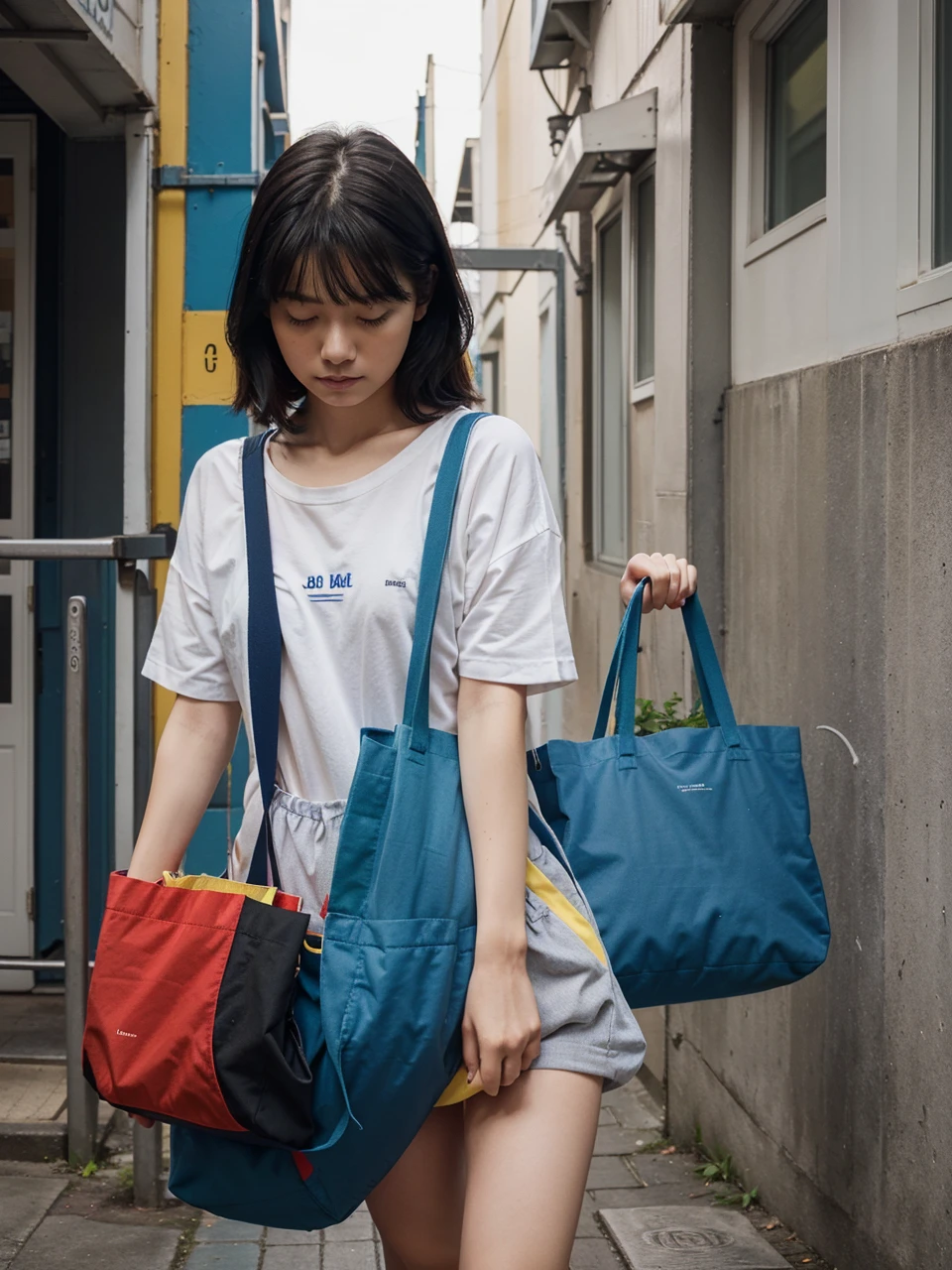 A minimalist illustration、Tote bag in blue、red、yellow、green、In colors such as black「GPT、gemini、Note etc.」She uses a tote bag with the text &quot;I&#39;m a racist&quot; printed on it.、Chibi style women、With sparkling brown eyes、Short bob with brown hair、She has messy black hair etc.。redのカジュアルスタイルを着ています。I have a fun look on my face。Change background to club