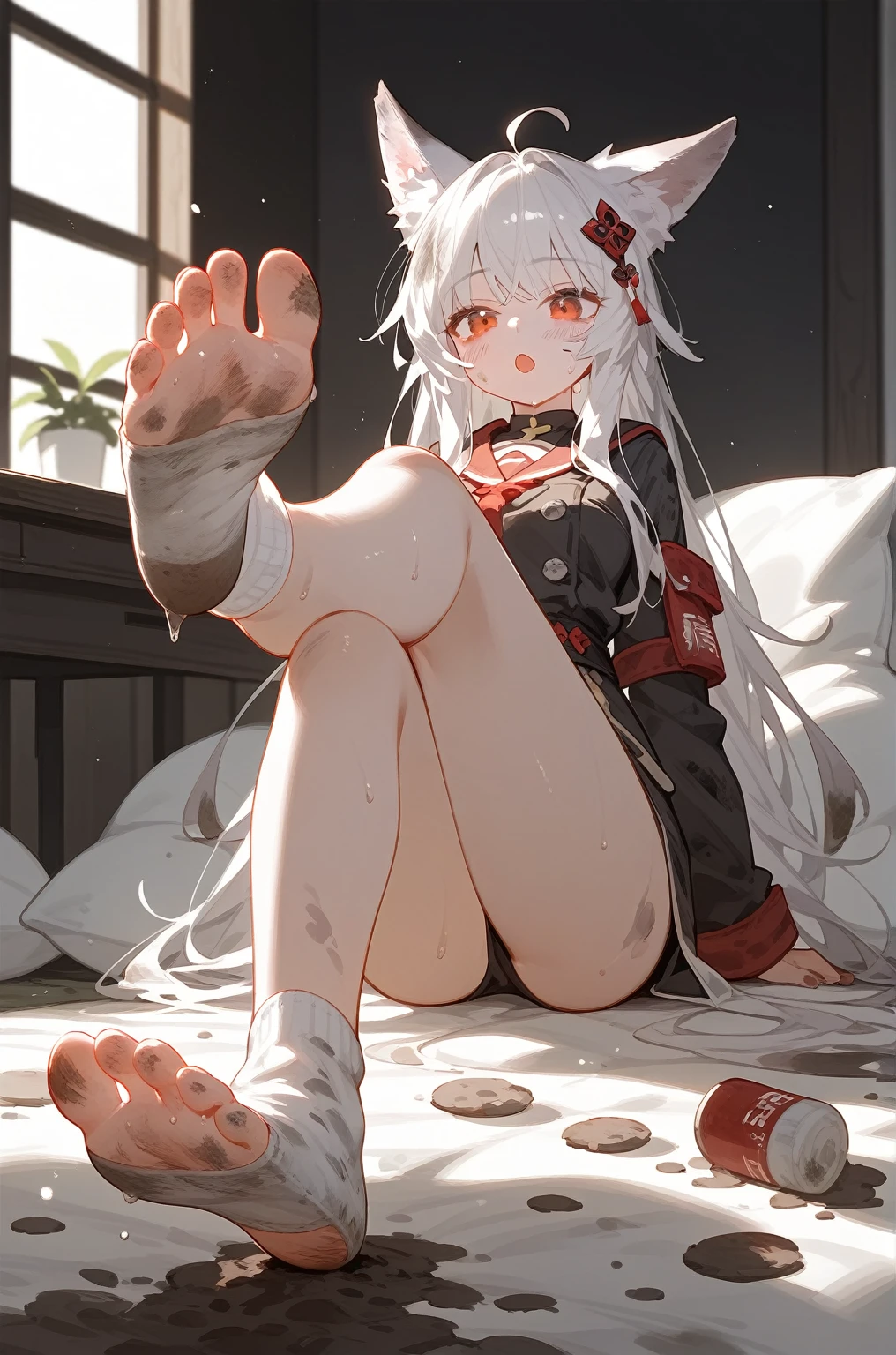 1 girl,dirty,foot,foot底,Red Eyes，breast,solitary,Long hair,White hair,,foot趾,foot部焦点,Looking at the audience,sit,Sweat,open mouth,dirty foot,Keep,indoor,Pillow,Bangs，White knee socks，Fox ears，There&#39;foot的泥土，White clothes，kimono，Japanese style，dirtyPillow，dirty床，女孩周围堆满Pillow，女孩踩踏2着Pillow，大量Pillow，Pillow上肮脏，,(Deluxe Rococo Canopy King Bed),On a big and spacious bed,(),,,,Luxurious curtains with ornate ruffles and ribbons surround the bed,((((There are many pillows piled on the bed)))),Detail of Quilt,Detailed bed sheets