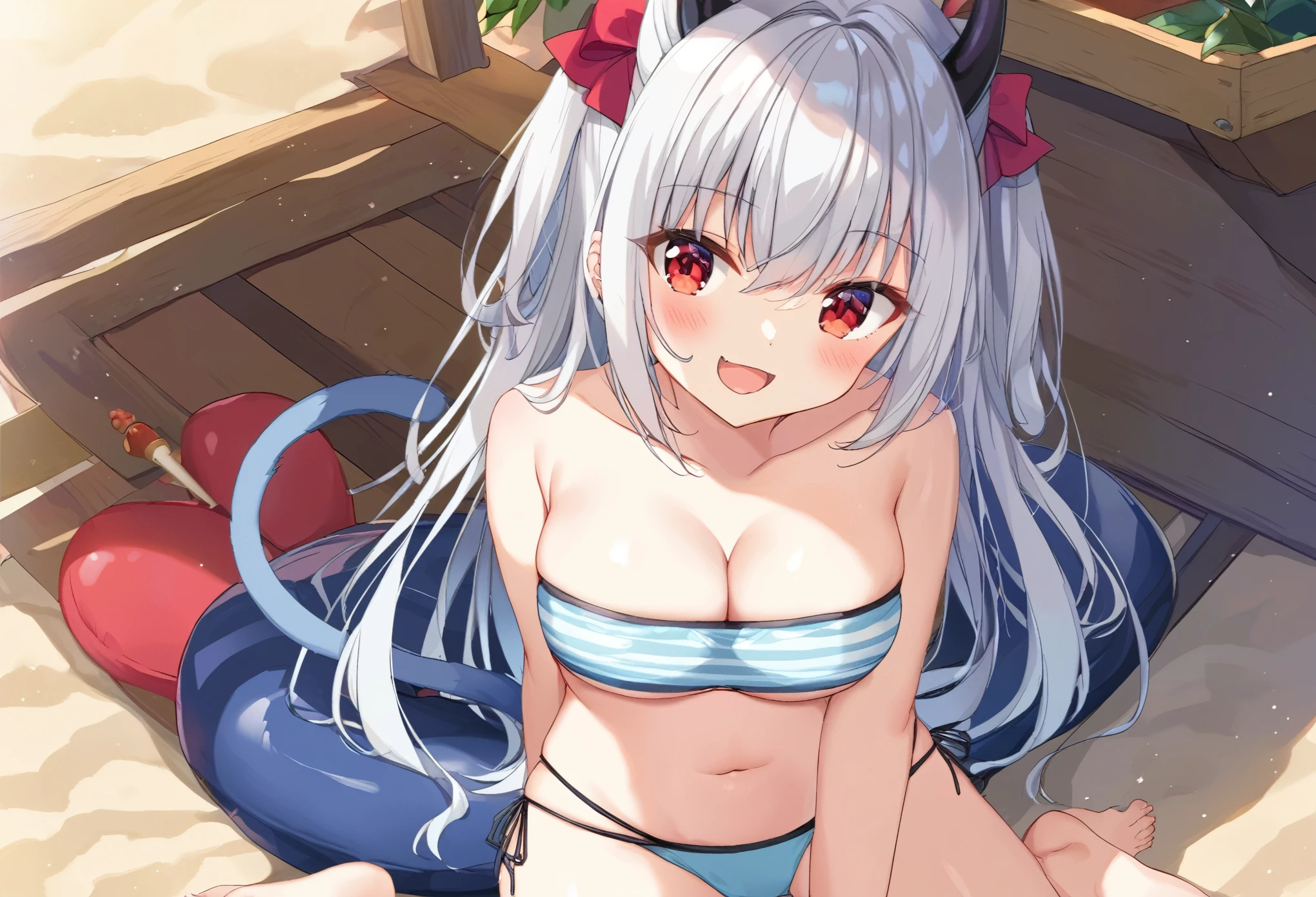 (red cat eyes)、独奏,Silver hair、(twin tail hair:1.5)、(DEMON horns)、Japanese Feng Shui、Summer Sea、Sandy Beach、bandeau bikini、Little devil face、