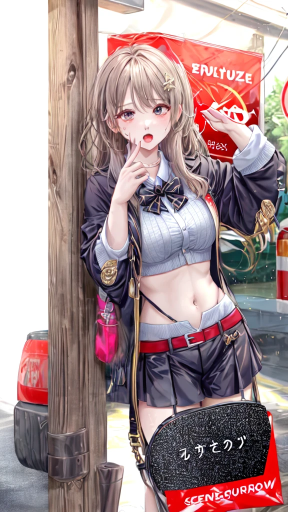(small breasts:1.2), (perky chest:1.2), (pointed chest:1.2), (Pudding cake magazine cover:1.3),(from above:1.0),(shoot from the side:1.1),masterpiece, 1girl, Amazing Cleavage:1.1, thin waist, optimum,tmasterpiece,hight resolution,best qualtiy,hyper HD,super detailing,awardwinning,a 18yo cute girl,(The upper part of the body),anatomy correct,Beautiful Black miniskirt,garters,Gaze,Small face,bangss,holster,Beautuful Women,hands up,leg holster,Gaze,black boots,Cowboy Shot,cute face,a blond,Longhaire,Twin-tailed,Braids, Hairline,(scarlet eyes),long eyelasher,Hanging eye corners,White skin of the, ((see through camisole:1.1)), ((Sheer nipples:1.0)),Rocket Tits,(Slim body),smile,seductive weak smiling,(with sparkling eyes and a contagious smile),little open mouth, Looking at Viewer,