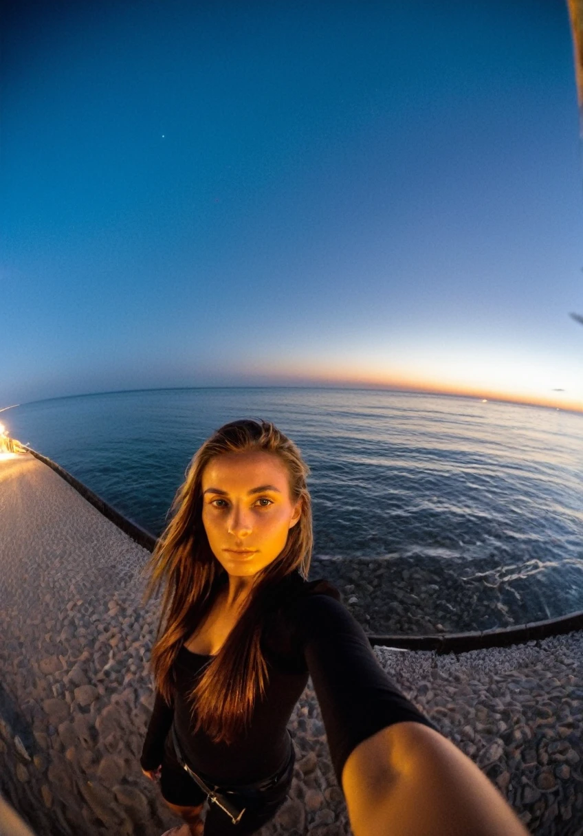 xxmix_fille,une femme prend un selfie fisheye sur une plagele soir. La mer s'étend derrière elle, créant une esthétique et une atmosphère époustouflantes avec une note de 1.2.