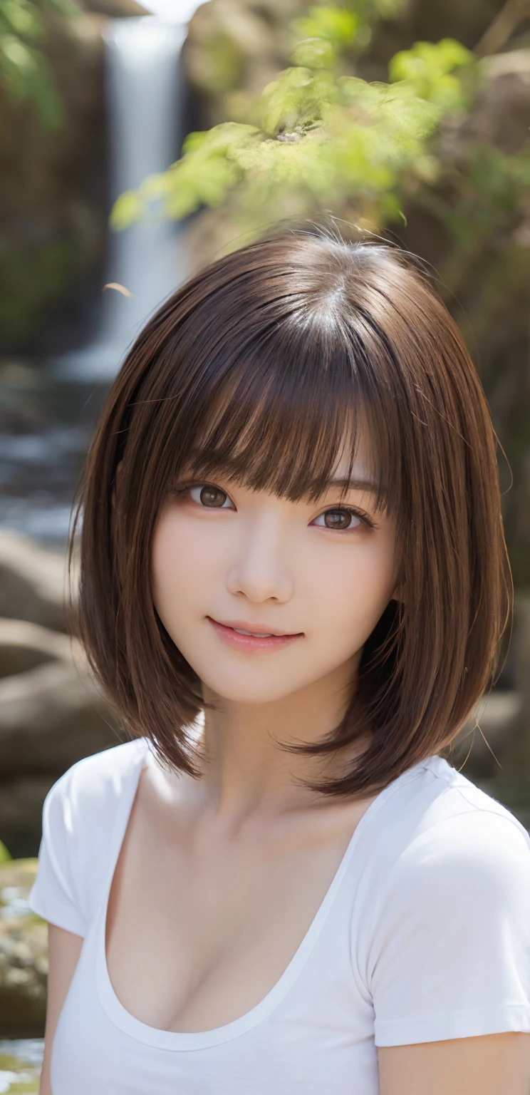 One Girl, (Beautiful girl, Delicate girl:1.3), (16 years old:1.3),
break, (Plain T-shirt:1.2),
break, (Small waterfall background:1.2),
break, smile, Very beautiful eyes, (Symmetrical eyes:1.3),
break, (Big Breasts:1.3), Brown eyes, Parted bangs, Brown bob cut hair, Round face, cute,
break, (Eye and facial details:1.0),
break, (masterpiece, Highest quality, Super detailed, Detailed face, 8K)