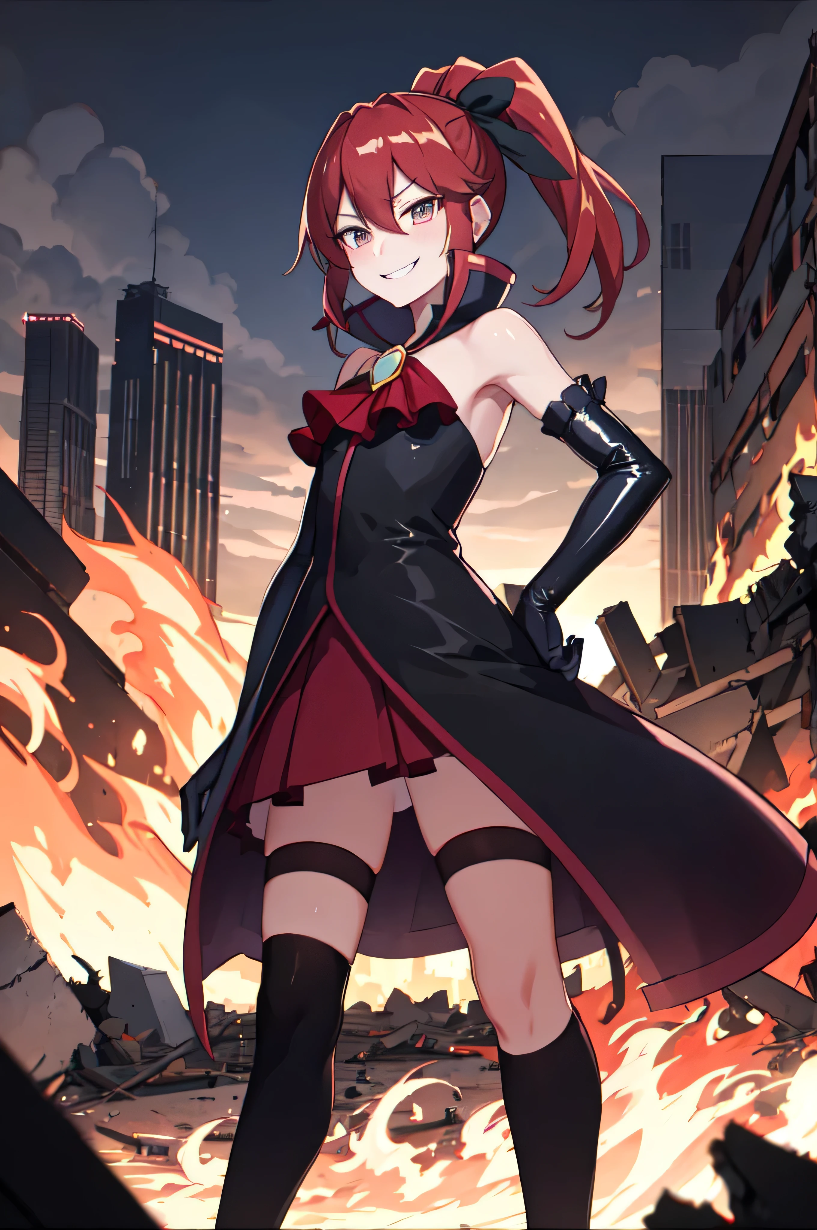 Highest quality, masterpiece, One Girl,Not beautiful, Red Ponytail, Long dress, brooch, Hair Ribbon, - Elbow hand pockets, Black knee socks, Standing on the rubble, Cityscape in a sea of fire, (Wicked Smile:1.1), Hands on hips,,Dark shadowed face,Sadistic smile,Malice,Contempt,smile,latex,Bad face,,Red Skirt,



