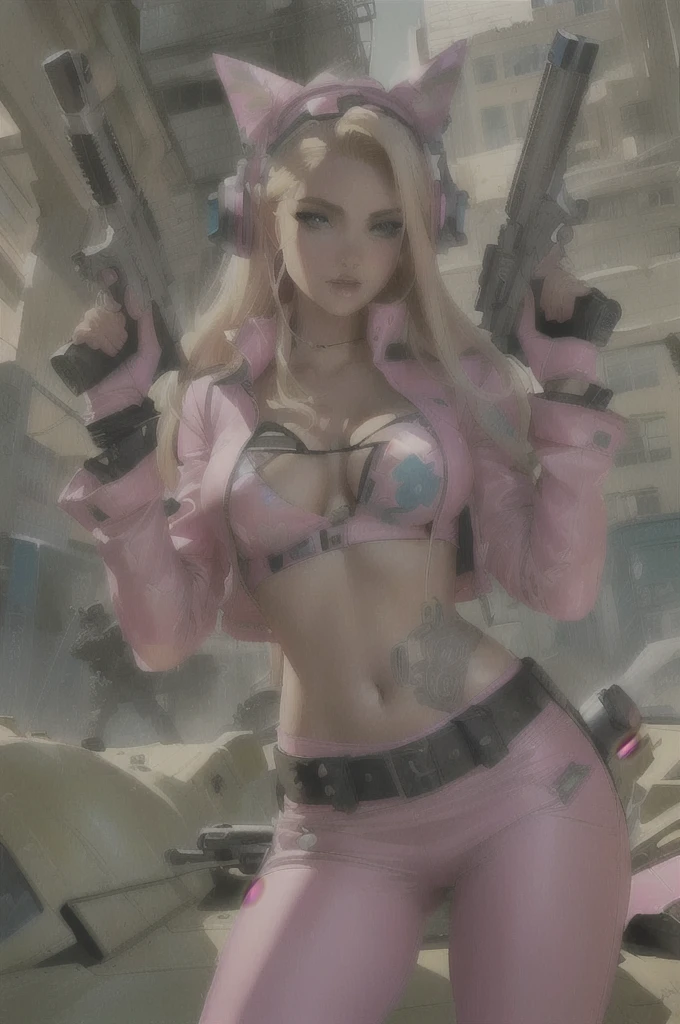 un primer plano de una muJer vestida de rosa sosteniendo dos armas, Blonde, oJos auzles, triangle face, Huge weapons, very big tits, zenoscope, J. Scott Campbell, J Scott Campbell, Jamie mckelvie comic art, Black Canary, germ of art Greg rutkowski _ Greg, Chris Moore. germ of art, beautiful comic art, germ of art and J. dickensson, germ of art comic