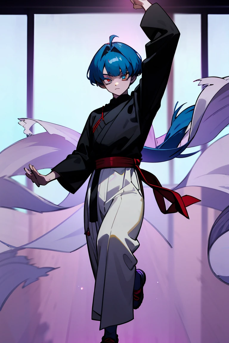 Gender: Male
Race: Android
Height: 5’9”
Body Type: Toned
Occupation: Martial Artist/Soldier
Eye Color: Red
He is a pale, tall, handsome, toned man with very long and wavy blue hair with curtain bangs, which is left unkempt. His eyes are plum-colored. He wears a lime gi, with a black shirt underneath. His gi has a purple sash tied around it. He wears black Tai Chi shoes.
