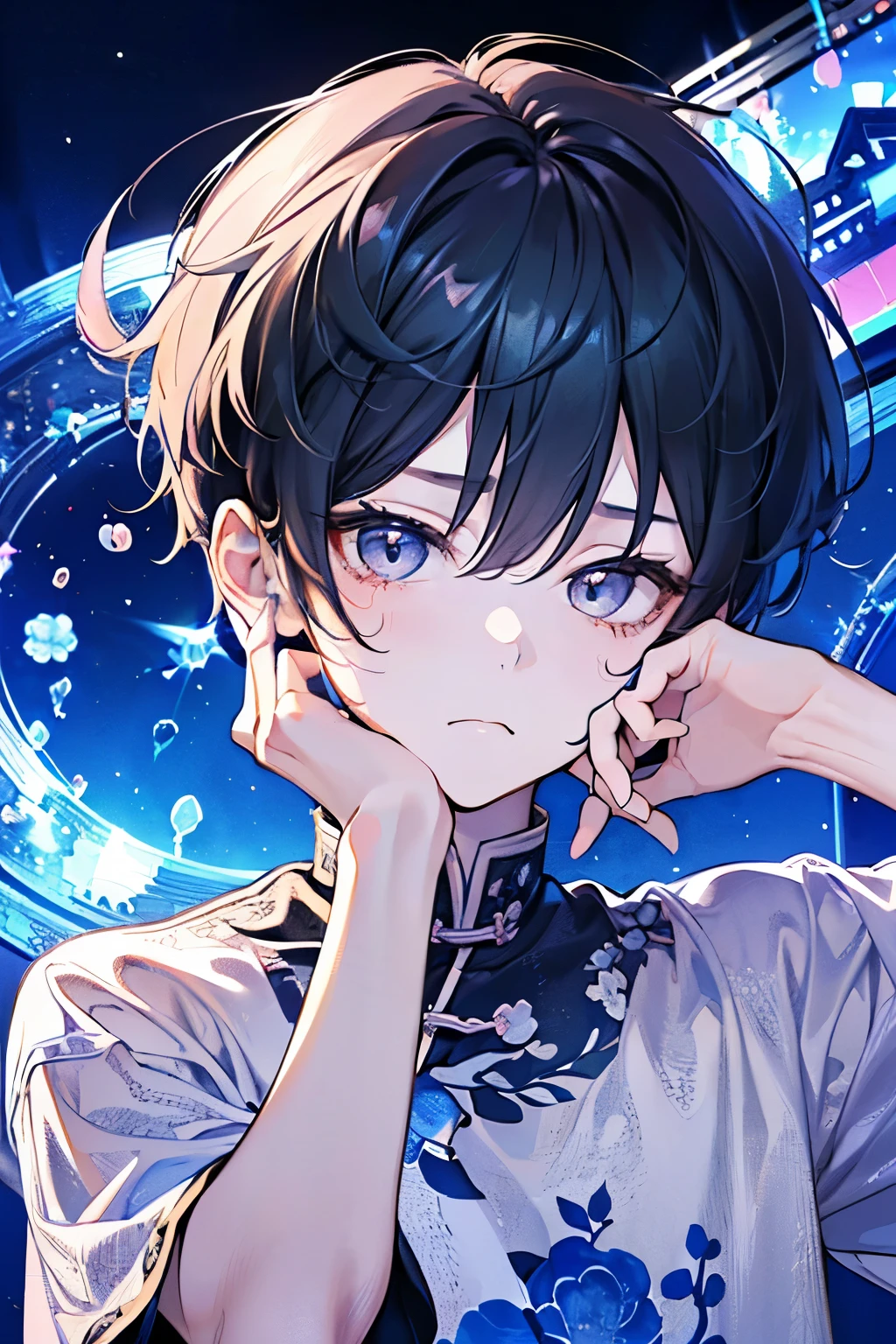 (brush),((cute,kawaii,wonderland)),(Sad face、Sad、🥺),(Pose with hands on face:1.25),((boy,Shota,juvenile:1.2)),((1.25)),((Casual modern clothing:1.25)),((Morning Renren:1.15)),Angle from below,Angle of incitement,((Stardust Road)),(Short Hair:1.3),Close-up of face.