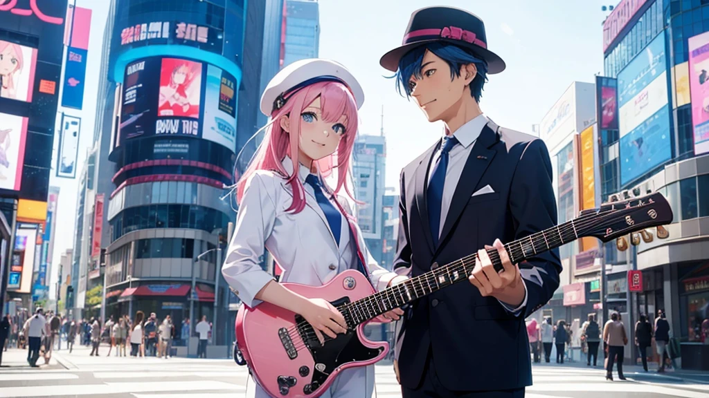 Anime style illustration with a vibrant city background similar to Shibuya. The main characters are a girl with long blue hair and blue eyes wearing a  with a pink tie, and a boy with short blue hair wearing a white suit and hat. In this image, the girl is playing a guitar, smiling brightly, while the boy is standing next to her, looking at her with admiration. The background remains colorful with musical notes floating around.