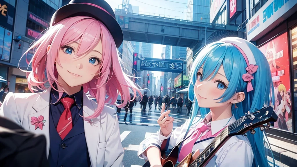 Anime style illustration with a vibrant city background similar to Shibuya. The main characters are a girl with long blue hair and blue eyes wearing a  with a pink tie, and a boy with short blue hair wearing a white suit and hat. In this image, the girl is playing a guitar, smiling brightly, while the boy is standing next to her, looking at her with admiration. The background remains colorful with musical notes floating around.