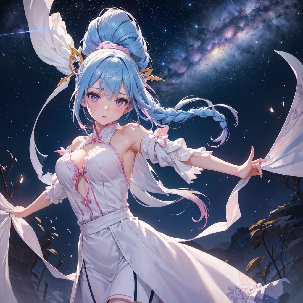 Sky blue hair, (One braided ponytail),(Pink Eyes),Fair skin ,(whole body),(One girl),The goddess,Orihime,(Sky Yue),Tanabata,(The Milky Way in the night sky),Hollow Eyes,Blushing,Straight bangs,(masterpiece, Highest quality, Very detailed, Best Shadow), (Detailed Background), (Beautifully detailed face), High Contrast, (Best lighting, Very delicate and beautiful), ((Cinematic Light)), colorful, Hyper Detail, Dramatic Light, Intricate details,Open your arms