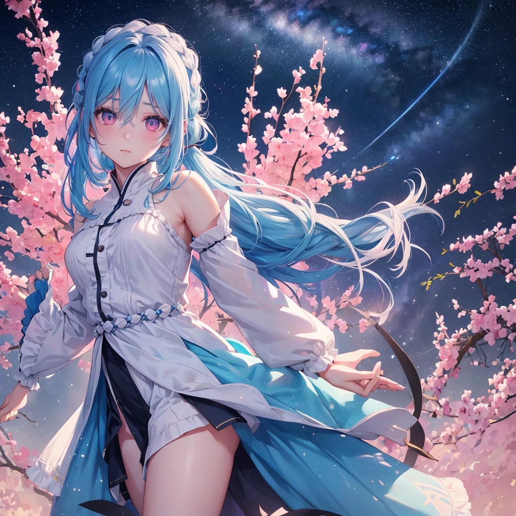 Sky blue hair, (One braided ponytail),(Pink Eyes),Fair skin ,(whole body),(One girl),The goddess,Orihime,(Sky Yue),Tanabata,(The Milky Way in the night sky),Hollow Eyes,Blushing,Straight bangs,(masterpiece, Highest quality, Very detailed, Best Shadow), (Detailed Background), (Beautifully detailed face), High Contrast, (Best lighting, Very delicate and beautiful), ((Cinematic Light)), colorful, Hyper Detail, Dramatic Light, Intricate details,Open your arms