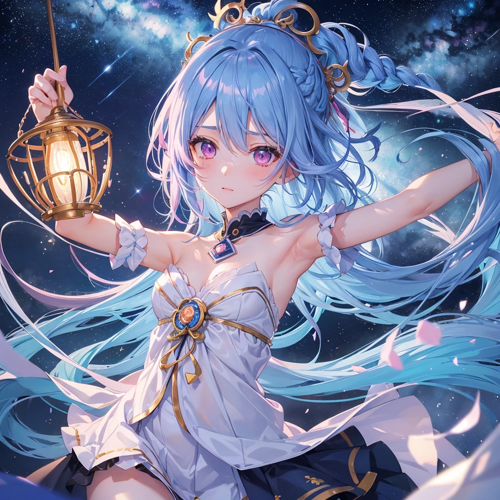 Sky blue hair, (One braided ponytail),(Pink Eyes),Fair skin ,(whole body),(One girl),The goddess,Orihime,(Sky Yue),Tanabata,(The Milky Way in the night sky),Hollow Eyes,Blushing,Straight bangs,(masterpiece, Highest quality, Very detailed, Best Shadow), (Detailed Background), (Beautifully detailed face), High Contrast, (Best lighting, Very delicate and beautiful), ((Cinematic Light)), colorful, Hyper Detail, Dramatic Light, Intricate details,Open your arms