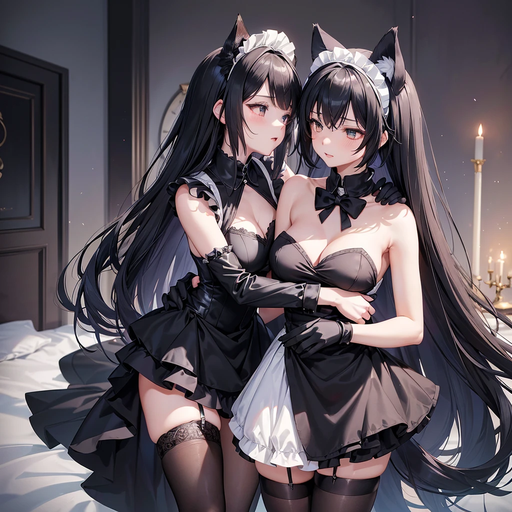 2 Beautiful anime woman with wolf ears and tail (wearing maid dress, black stockings, and short black gloves) while the other beautiful anime woman with wolf ears and tail (wearing maid dress, black stockings, and short black gloves) is standing behind her and holding her from behind while she places her glove over the other womans breast and falls asleep in her arms