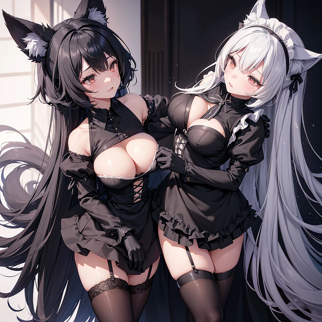2 Beautiful anime woman with wolf ears and tail (wearing maid dress, black stockings, and short black gloves) while the other beautiful anime woman with wolf ears and tail (wearing maid dress, black stockings, and short black gloves) is standing behind her and holding her from behind while she places her glove over the other womans breast and falls asleep in her arms
