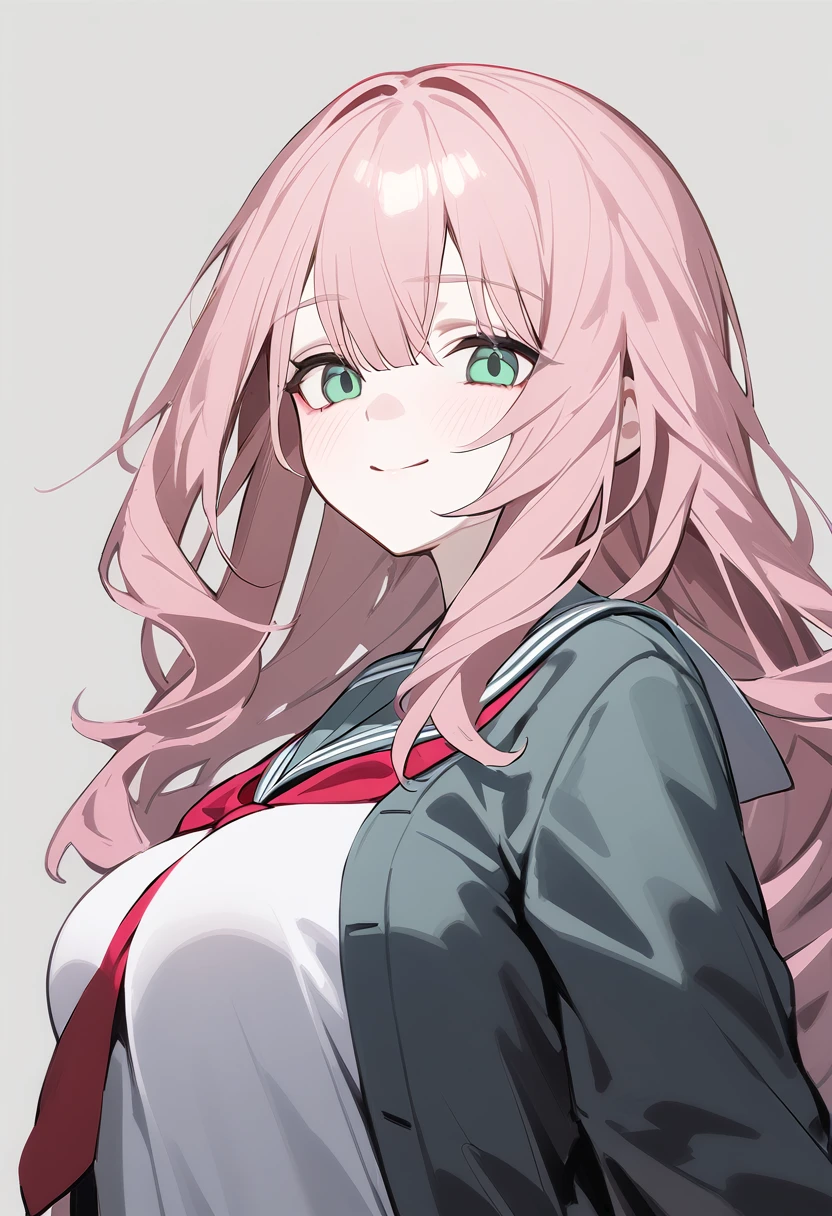 1 woman, alone, adolescent, pink fur, broad, messy hair, wavy coat, long bangs, pale skin, green eyes, big breasts, large eyes, SMILE, stoic, standing, (school uniform), (Gray background, simple background), Upper part of the body, Masterpiece, Best Quality, dynamic angle