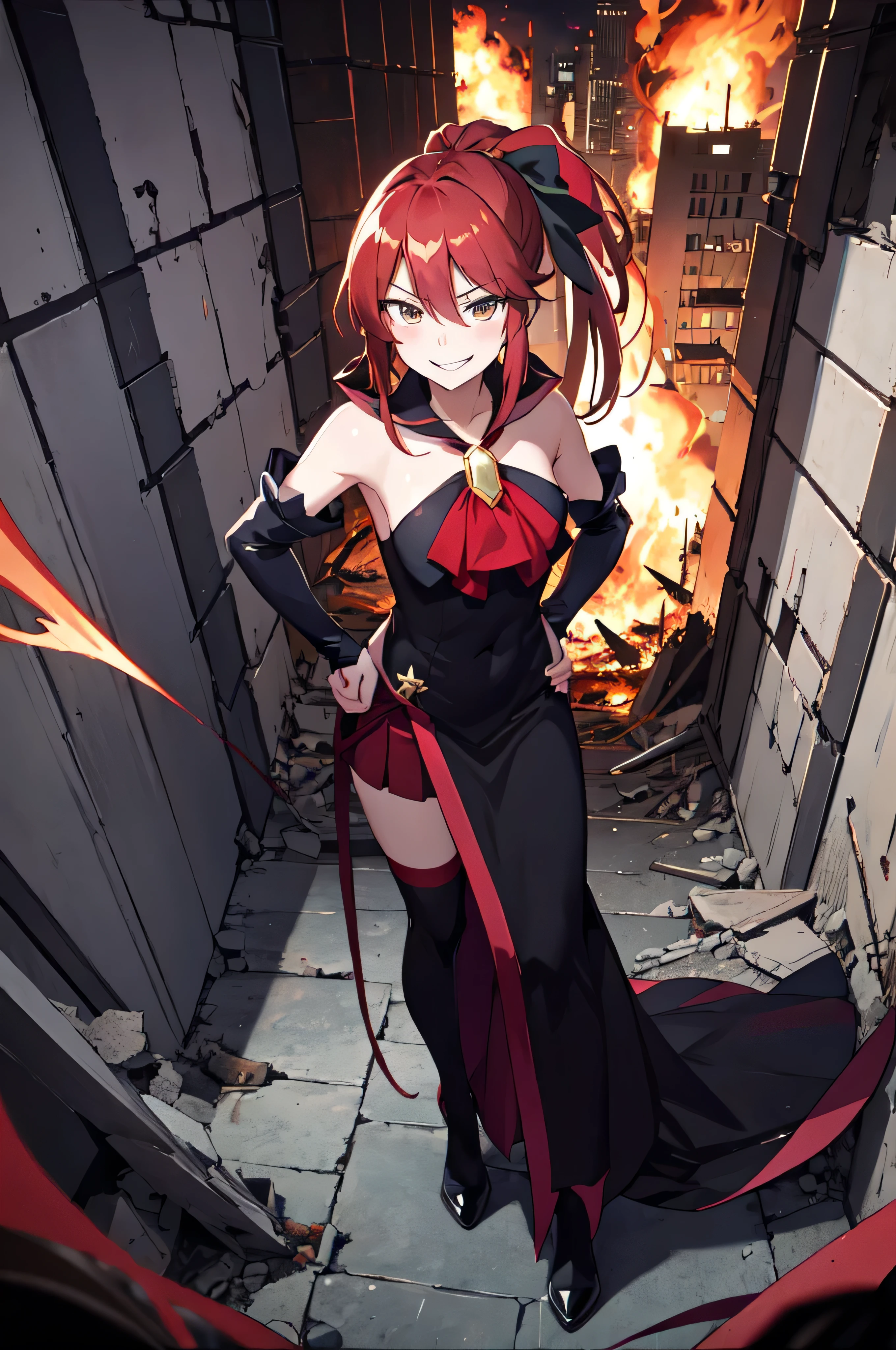 Highest quality, masterpiece, One Girl,Not beautiful, Red Ponytail, Long dress, brooch, Hair Ribbon, - Elbow hand pockets, Black knee socks, Standing on the rubble, Cityscape in a sea of fire, (Wicked Smile:1.1), Hands on hips,,Dark shadowed face,Sadistic smile,Malice,Contempt,smile,latex,Bad face,,Red Skirt,