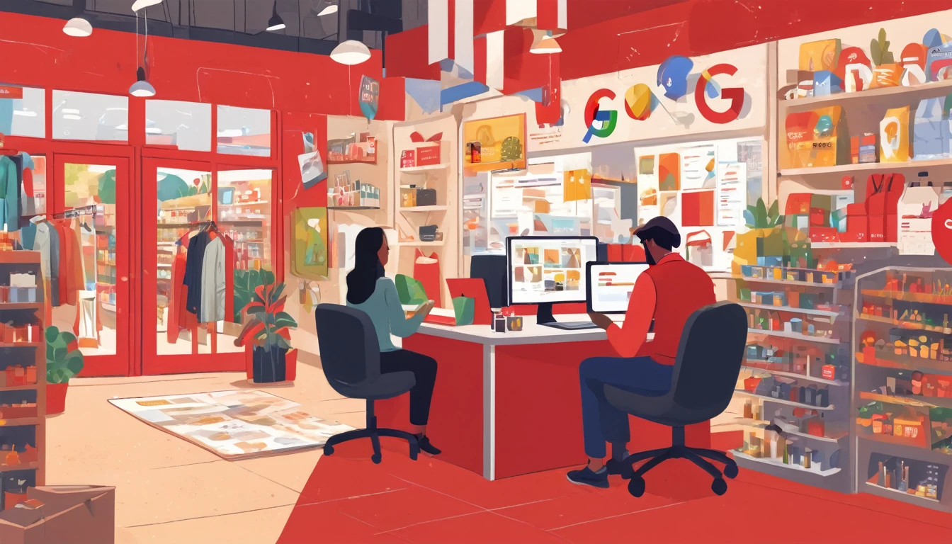 Draw a scene divided into two parts. On the left side, show an empty and disorganized store with a worried businessman looking at a computer with a blank screen or a red X, representing the absence of a profile on Google My Business. Outside the store, show customers confused with maps and cell phones, trying to find the store, but without success. On the right side, show a competing store full of happy customers, with a Google My Business profile prominently displayed on a computer or smartphone screen. Include positive review icons, updated information, and growth charts. Use an anime art style to capture emotions and make the scene immersive and dynamic.