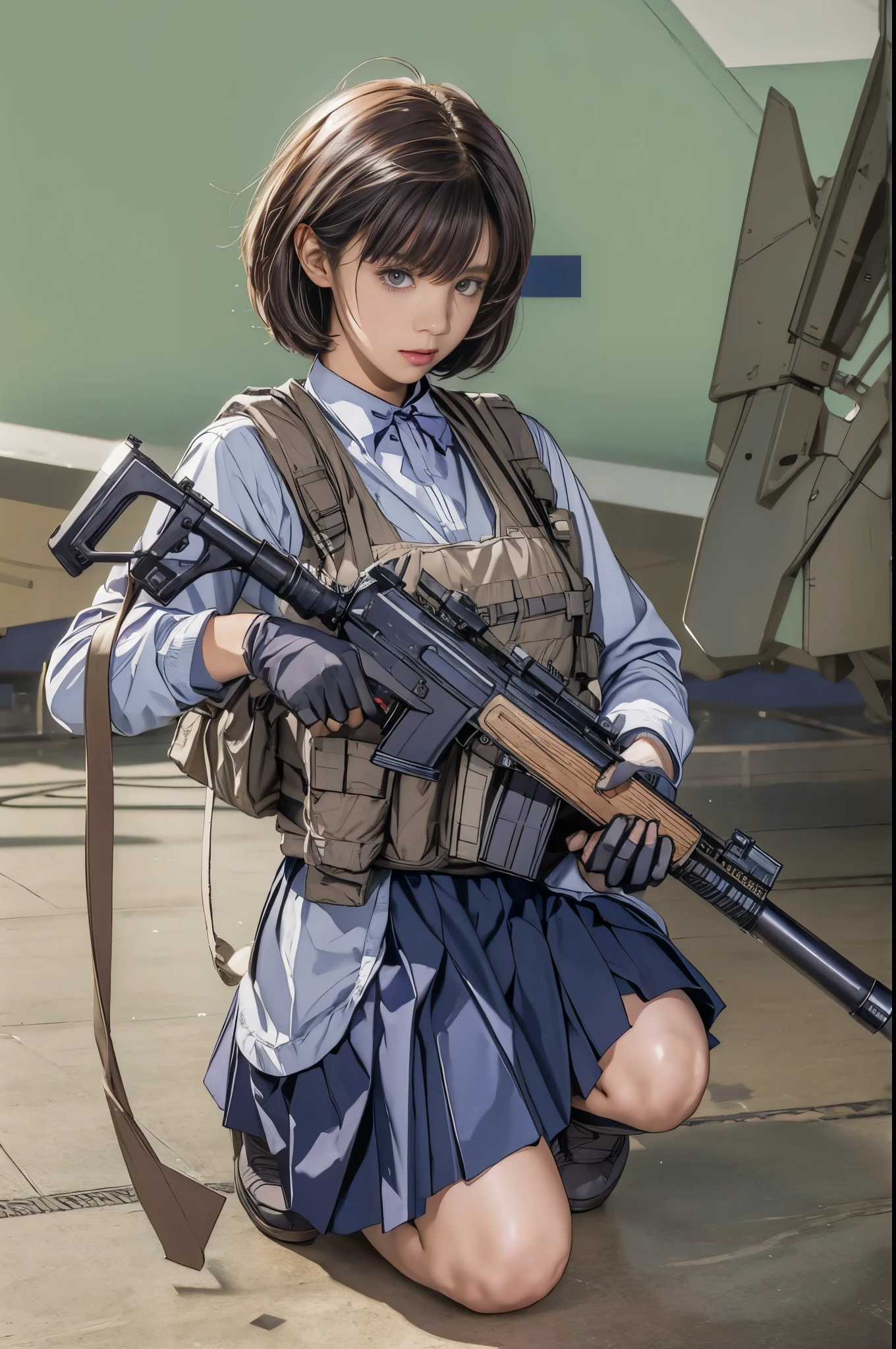 Elaizaikedareal, 1girl, solo, short hair, skirt, shirt, gloves, white background, bow, holding, , purple eyes, white shirt, weapon, purple hair, pleated skirt, shoes, black gloves, socks, bowtie, holding weapon, gun, sneakers, holding gun, armband, rifle, grey skirt, headset, assault rifle, grey gloves, load bearing vest