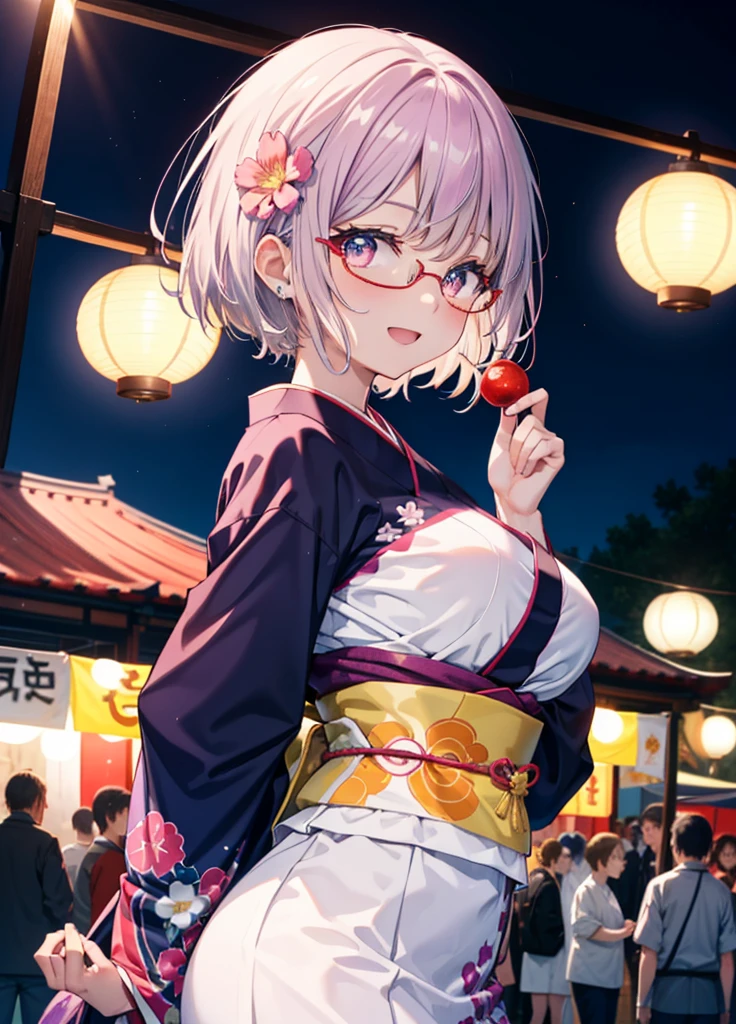 akaneshinjou, shinjou akane, Light purple hair, (Pink Eyes:1.2), happy smiles, Flower hair ornament,smile, Open your mouth,short hair,Red-rimmed glasses,Big Breasts,Purple kimono,Thick sleeves,Japanese Festivals,Summer festival food stalls,Red lantern,firework,場所はfirework大会、Time is night,Are standing,whole bodyがイラストの中に入っていくように,
break looking at viewer, whole body, 　　　　　　　　break indoors, room,　　　　　　　　　　 　　　break (masterpiece:1.2), Highest quality, High resolution, unity 8k wallpaper, (shape:0.8), (Beautiful and beautiful eyes:1.6), Highly detailed face, Perfect lighting, Highly detailed CG, (Perfect hands, Perfect Anatomy),