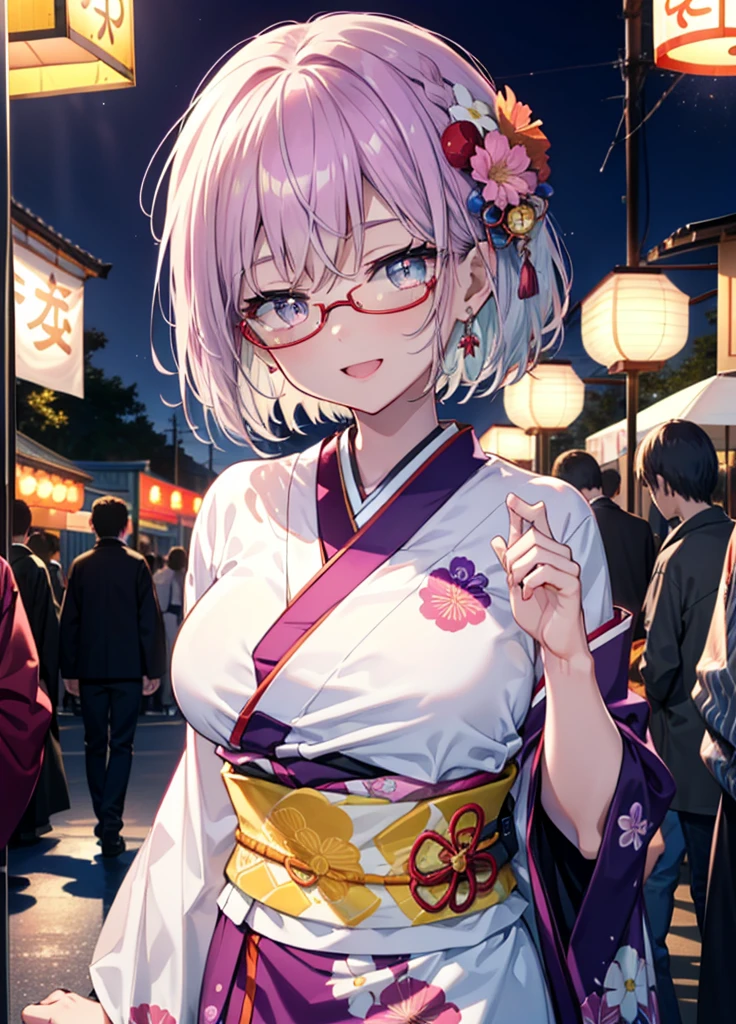 akaneshinjou, shinjou akane, Light purple hair, (Pink Eyes:1.2), happy smiles, Flower hair ornament,smile, Open your mouth,short hair,Red-rimmed glasses,Big Breasts,Purple kimono,Thick sleeves,Japanese Festivals,Summer festival food stalls,Red lantern,firework,場所はfirework大会、Time is night,Are standing,whole bodyがイラストの中に入っていくように,
break looking at viewer, whole body, 　　　　　　　　break indoors, room,　　　　　　　　　　 　　　break (masterpiece:1.2), Highest quality, High resolution, unity 8k wallpaper, (shape:0.8), (Beautiful and beautiful eyes:1.6), Highly detailed face, Perfect lighting, Highly detailed CG, (Perfect hands, Perfect Anatomy),