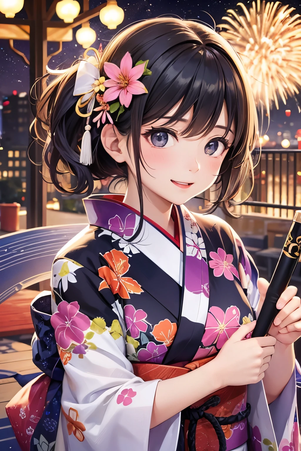 Fireworks are being set off. BREAK A cute woman in a yukata is having fun. She has a mischievous smile on her face.
