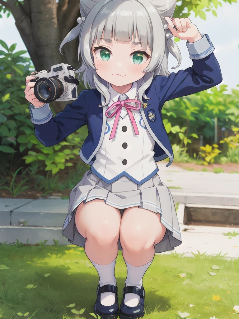 Outdoor,((the way)),, 1girl,Green Eyes, Grey Hair, hair ornaments, bangs, Virtual YouTuber, blunt bangs, Double Bang, Animal ears, Flat Chest,uniform,Navy Blue Blazer,White shirt,Pink ribbon,Grey Skirt,Pink Panties,White long socks,Black low heels,I have a pink camera,Bring the camera closer to your face,squat,Hold the camera, :3