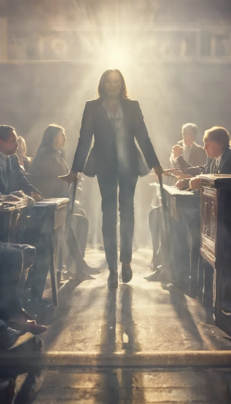 A courtroom scene where Civil Rights activists are defending their cause, background dark gold sun, hyper realistic, ultra detailed hyper realistic, photorealistic, Studio Lighting, reflections, dynamic pose, Cinematic, Color Grading, Photography, Shot on 50mm lens, Ultra-Wide Angle, Depth of Field, hyper-detailed, beautifully color, 8k