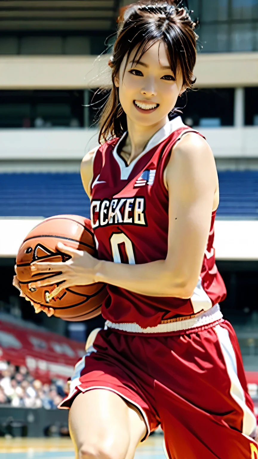 (((With perfect anatomy, we carefully draw perfect limbs with no excess or deficiency, taking into account the direction in which the joints bend.))),The grandstands were filled with spectators,(((A beautiful basketball player with outstanding style is running seriously with wrinkled eyebrows on the field of a large basketball stadium filled with spectators))),(((The uniform is a sleeveless basketball uniform with a collar and running pants with a large number on the back.々Shii,Put on basketball shoes))),(((Capture the powerful moment of sprinting with a basketball in a full-body snapshot))),Speed,Low posture,Speed,Capture the essence of the movement and the moment of the play,((A beautiful basketball player wearing a red uniform with white horizontal stripes and a thick headband looks ahead)), Fight off the enemies who try to stop her,((眉間にしわを寄せながらバスケットボールボールを持ってバスケットゴールに向かって走る動きの本質を捉えた側面からの4K動body撮影)),Rushing forward like a rabbit,All in one,(Skin Dentition:1.5),Realistic and realistic,(masterpiece:1.5),Sports concept art,Intricate details,Highly detailed and realistic,Octane Rendering,4K,Sports Real Engine,Dynamic pose, Highest quality,High resolution,(Realistic Face:1.1),(Surreal:1.1), ((full_body)),((Expressing the dynamism that emanates from the whole body)),(((He has a slim, muscular body with well-trained legs and a slim waist, making him look like a coke bottle.))),(4K full-body shot from the side),(Shiny skin:1.2),(((Hairstyle))),(((Perfect hands))),(Highly detailed background),((Well-maintained Tokyo Metropolitan Government々Background of stadium full of spectators on center court of wooden arena)),A crucible of cheers and excitement,((Beauty condensed in 1girl)),((光を蓄えた美Shii瞳)),(Shiho wearing a necklace),(((滴る大量の汗が眩Shii))),(Ponytail flutters in the wind),casting ,((Dramatic beauty)),披写界深度の深い美Shiiボケ,4K,Gothic,4K Digital SLR Camera,Film grain effect,Fujifilm XT3 style,(Saiharu Body),(Delicate eyes and face),Professional Perspective,素晴らShiiディテール,Beauty condensed in 1girl,繊細でHigh noseを持つ美Shii顔,High nose, Clear sky-blue eyes that glorify the light, Glossy red lips, light makeup,