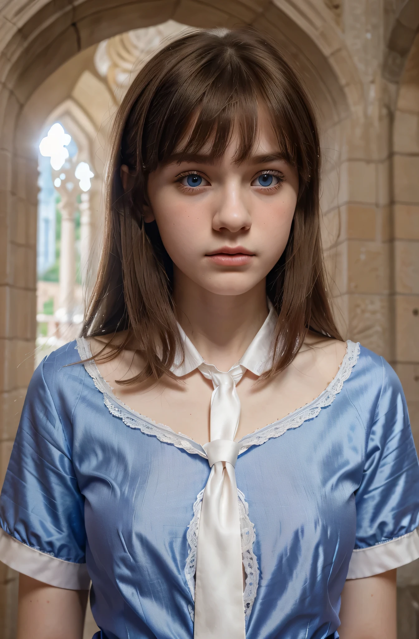 (best quality,hyper-realistic,ultra-detailed,8k), teenager, fifteen years old, shy, sad, paleness, big blue eyes, very white skin, small nose, very short brown hair with bangs, melancholy, delicate, feminine, skinny, elegant school blue uniform, red tie, brilliant day, Pink silk laces, sagrada familia of Barcelona.