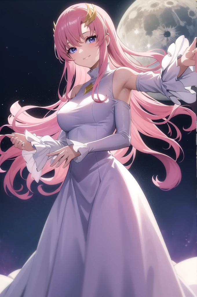(masterpiece:1.3), (best quality:1.1), (8k, ultra detailed, ultra high res:1.2), ((anime style)), perfect 5 fingers, perfect anatomy,
1girl,
BREAK long hair,
pink hair,
purple eyes,
long dress, white dress, long sleeve, frill, frill skirt, detached sleeves, shoulder hole tops
looking at viewer, smile, standing,
(cowboy shot1.5),
perfect light,
(detailed background:1.2), space, sun, star, moon, the cosmos, galaxy,