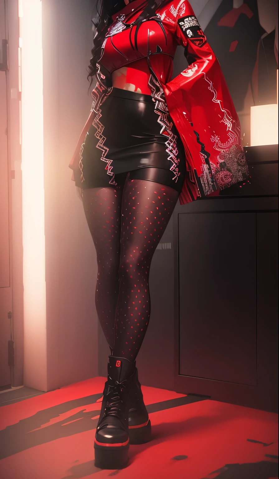 AVATAR SECOND LIFE Korean girl wearing red hoodie, Asian,, Perfect and detailed face, imvu, maximalist details, AVATAR SECOND LIFE Korean blusa , neon, skirt with tights