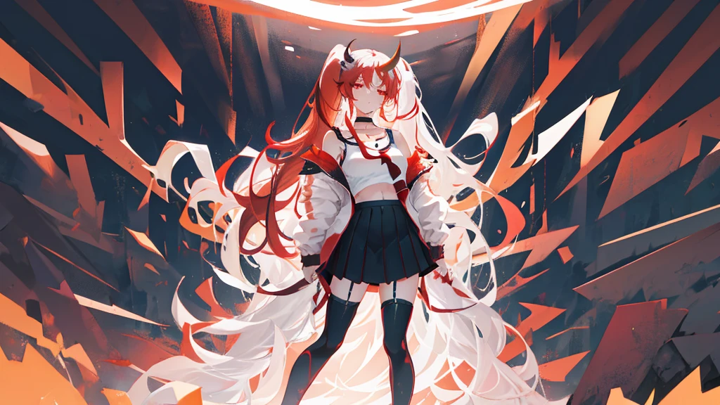 A woman with long red hair tied into a high ponytail with two medium-sized horns protruding from each side of her head. Soft pastel glowing eyes with thin eyebrows. Pronounced breasts and buttocks. Wears a choker around her neck, a black bra, a jacket worn half off her shoulders, a short skirt, thigh-high stockings with a garter belt, and black high heels.