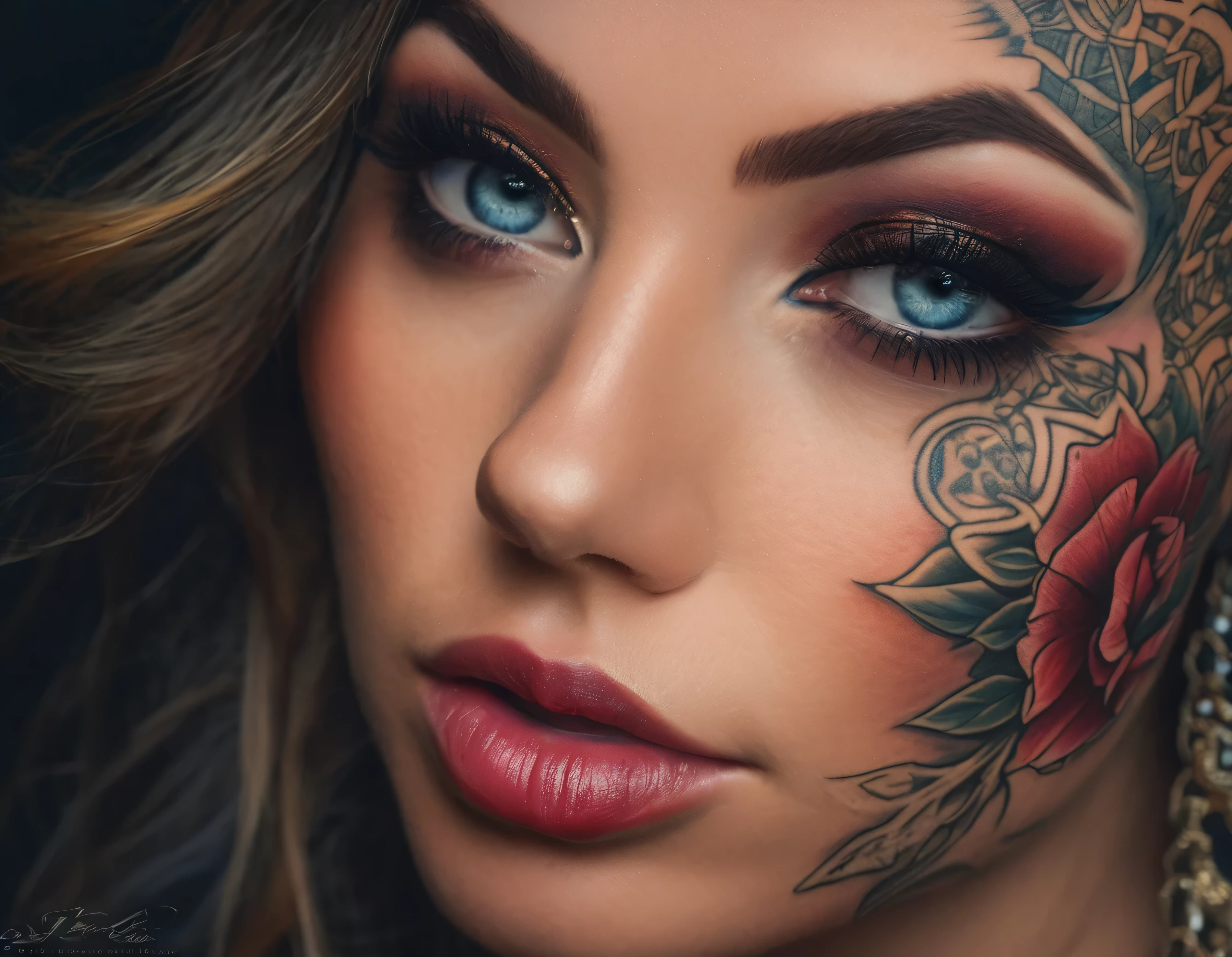 Laurence bedard, beautiful face, perfect face, deliberate, masterpiece, best quality, highest quality, cinematic lighting, very beautiful, ultra realistic, tattoos, tattooed, beautiful