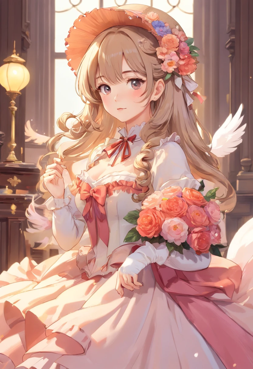 (Masterpiece), (best quality), illustration of Victorian Girl、kawaii girl、aniime、 1. **lo fashion**: Victorian fashion is characterized by dressy and elegant design。Ruffles and laces、corsets、Try incorporating elements such as long dresses。 2. **hairstyle on**: Women's hairstyles in the Victorian era are often complex and delicate。Upstyling and curling、It is also a good idea to add ribbons and floral ornaments to the hair.。 3. **Features**: girl features with soft features、Beautiful、kawaii、intelligent Beatty, Beautiful 5. **accessorized**: Accessories played an important role in the Victorian era。Hats、gloves、umbrellas, etc.、By drawing accessories with attention to detail、You can give your character personality。 Nice dress、florals、Luxurious costumes、PastelColors, (shining brightly), ((dazzling)), (floating a lot of flower petals, ((2d)), ((paper art))、(((glamorous)))、Plump、(((Chubby Mature Woman)))、(((Huge breasts)))、sexy woman、(Voluptuous:1.2)