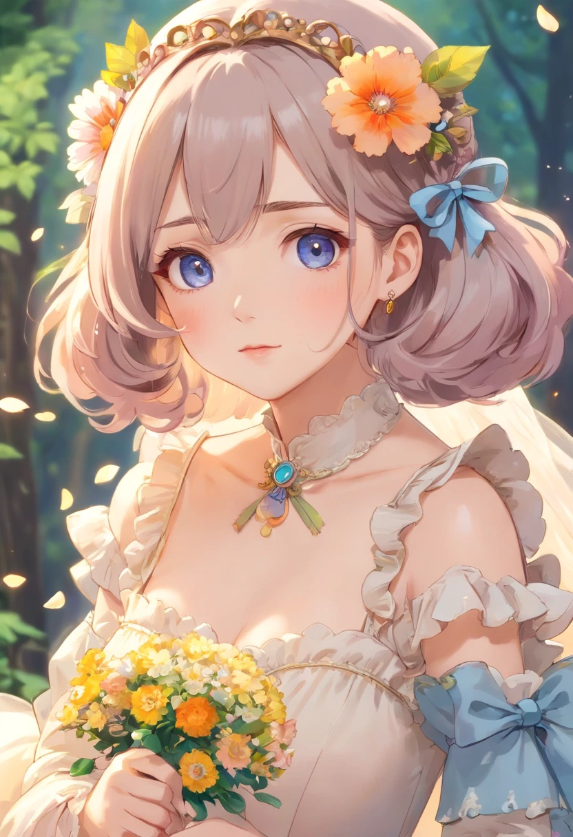 (Masterpiece), (best quality), illustration of Victorian Girl、kawaii girl、aniime、 1. **lo fashion**: Victorian fashion is characterized by dressy and elegant design。Ruffles and laces、corsets、Try incorporating elements such as long dresses。 2. **hairstyle on**: Women's hairstyles in the Victorian era are often complex and delicate。Upstyling and curling、It is also a good idea to add ribbons and floral ornaments to the hair.。 3. **Features**: girl features with soft features、Beautiful、kawaii、intelligent Beatty, Beautiful 5. **accessorized**: Accessories played an important role in the Victorian era。Hats、gloves、umbrellas, etc.、By drawing accessories with attention to detail、You can give your character personality。 Nice dress、florals、Luxurious costumes、PastelColors, (shining brightly), ((dazzling)), (floating a lot of flower petals, ((2d)), ((paper art))、(((glamorous)))、Plump、(((Chubby Mature Woman)))、(((Huge breasts)))、sexy woman、(Voluptuous:1.2)