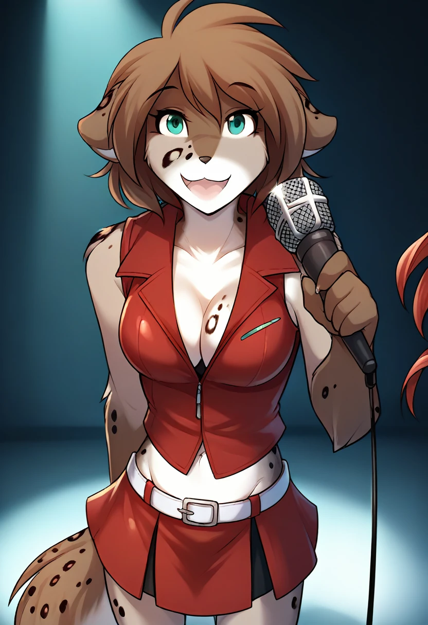 score_9, score_8_up, score_7_up, score_6_up, score_5_up, score_4_up, rating_explicit, source_furry, female, cute anthro female, cute face, detailed background, looking at viewer, solo, solo focus, (digital pen line-art, soft lines, soft shading, pinup, cartoon, anime:1.2), tkkathrin, keidran, mammal, spotted fur, teal eyes, anthro, MEIKO, short red sleeveless jacket with a black undershirt, midriff, cleavage, busty, stage, small red skirt held with a white belt, skin-tight shorts, microphone, singing, fundoshi