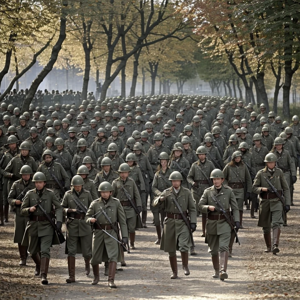 Sur le champ de bataille dévasté, Jean surgit des tranchées, brandissant l'épée de lumière que lui a offerte l'elfe. Une lame d'énergie aveuglante jaillit de la garde de l'épée, balayant les soldats ennemis comme des feuilles mortes dans le vent.