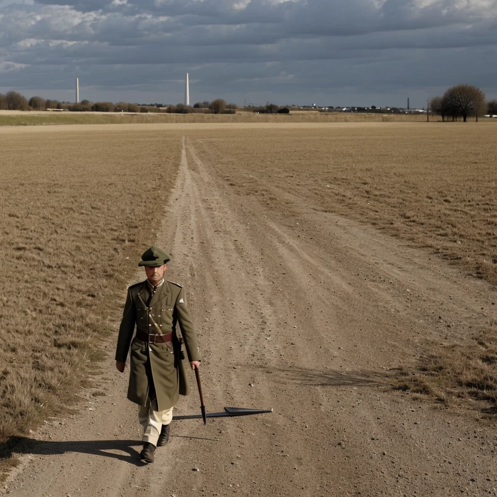 Sur le champ de bataille dévasté, Jean surgit des tranchées, brandissant l'épée de lumière que lui a offerte l'elfe. Une lame d'énergie aveuglante jaillit de la garde de l'épée, balayant les soldats ennemis comme des feuilles mortes dans le vent.