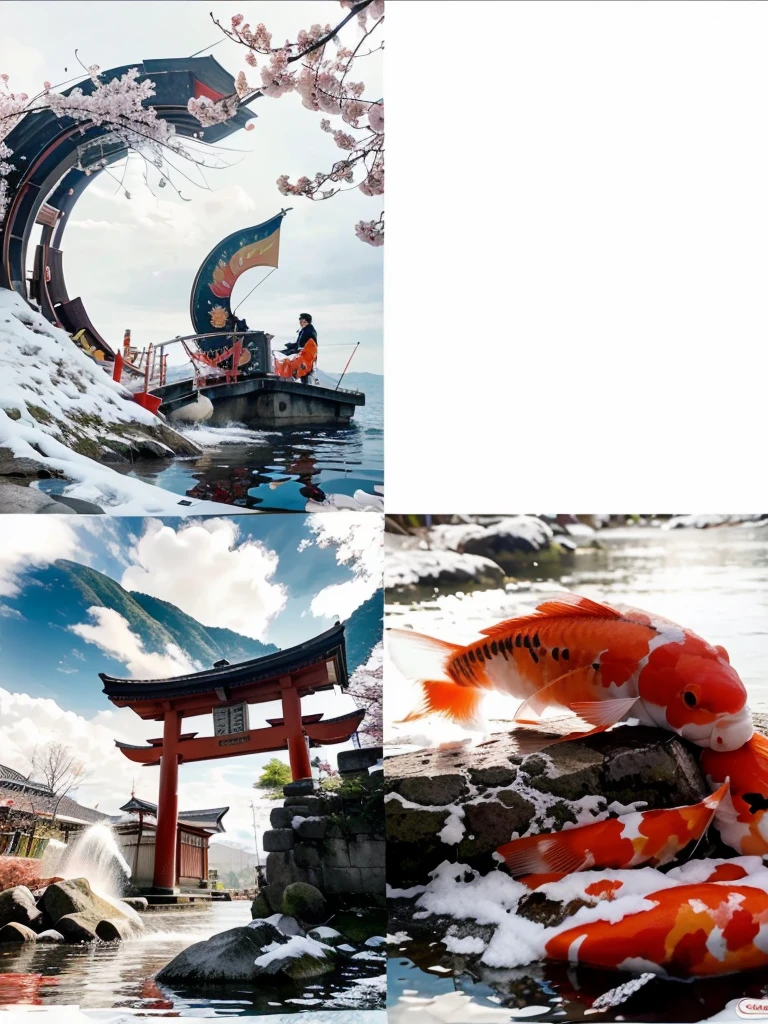 ศิลปะdrawingสีน้ำมัน,with koi flag,red torii gate,There is a cherry blossom branch on the edge of the picture.,There is Mount Fuji and water waves. big red sun,There are two koi fish flags on either side of the pole.,drawingแบบญี่ปุ่น,bright colors,drawing