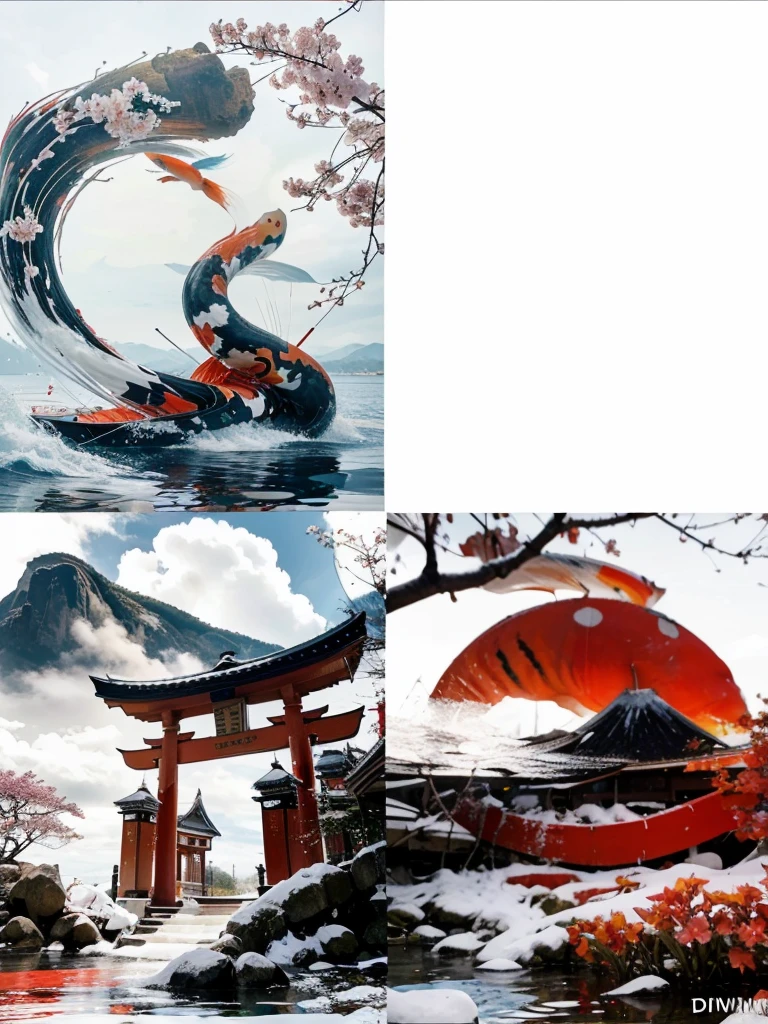 ศิลปะdrawingสีน้ำมัน,with koi flag,red torii gate,There is a cherry blossom branch on the edge of the picture.,There is Mount Fuji and water waves. big red sun,There are two koi fish flags on either side of the pole.,drawingแบบญี่ปุ่น,bright colors,drawing