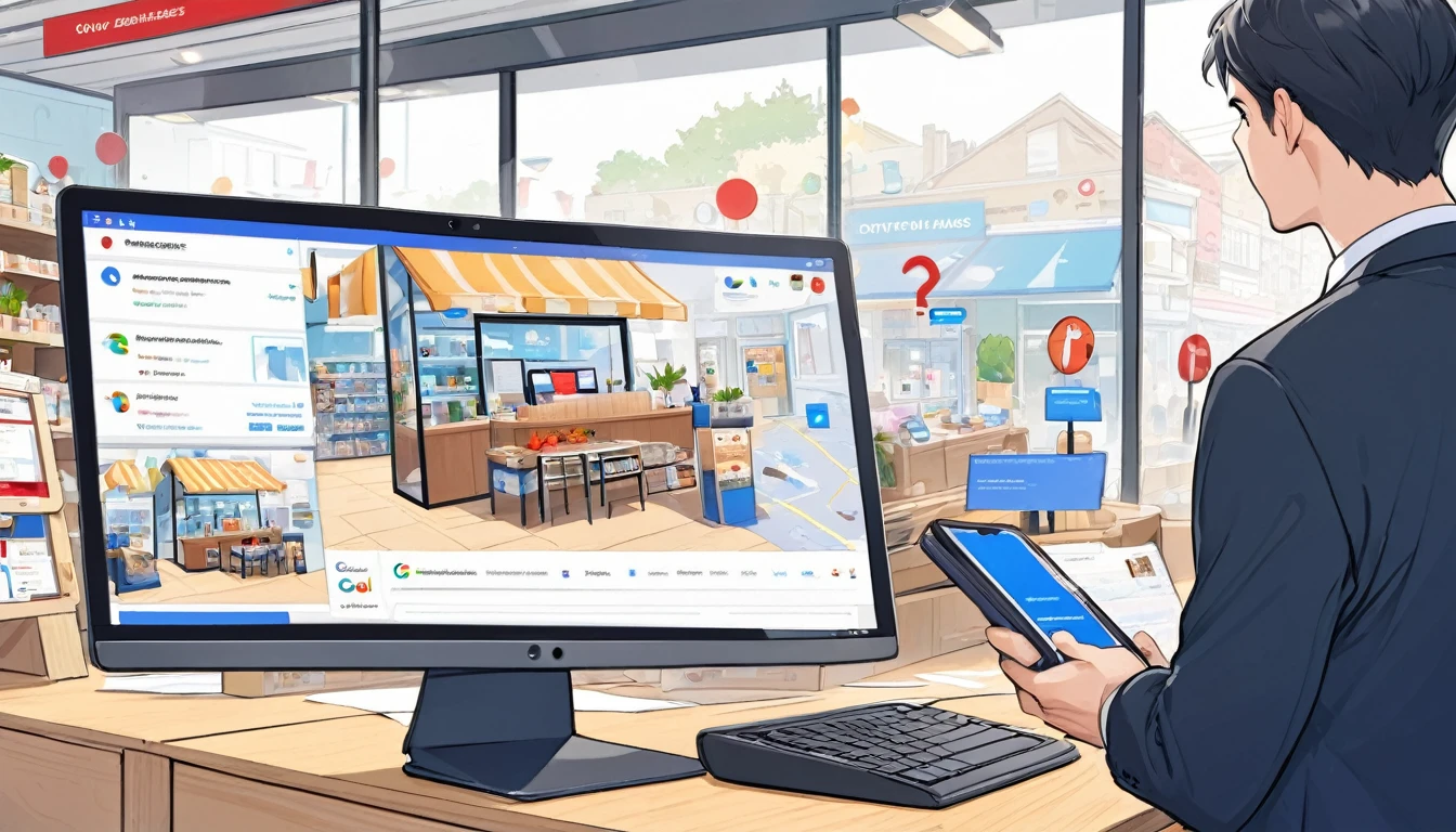 Draw a scene divided into two parts. On the left side, show an empty and disorganized store with a worried businessman looking at a computer with a blank screen or a red X, representing the absence of a profile on Google My Business. Outside the store, show customers confused with maps and cell phones, trying to find the store, but without success. On the right side, show a competing store full of happy customers, with a Google My Business profile prominently displayed on a computer or smartphone screen. Include positive review icons, updated information, and growth charts. Use an anime art style to capture emotions and make the scene immersive and dynamic.
