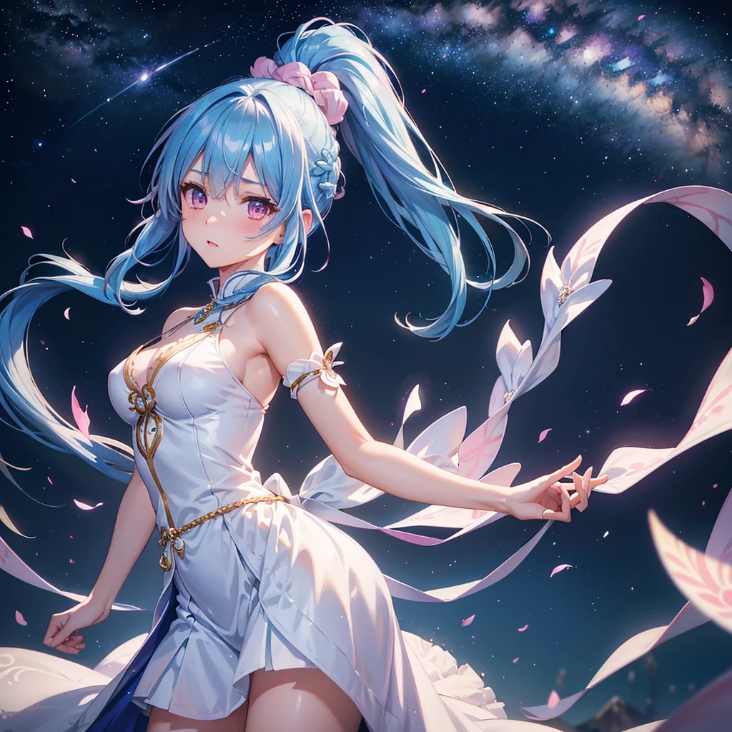 Sky blue hair, (One braided ponytail),(Pink Eyes),Fair skin ,(whole body),(One girl),The goddess,Orihime,(Sky Yue),Tanabata,(The Milky Way in the night sky),Hollow Eyes,Blushing,Straight bangs,(masterpiece, Highest quality, Very detailed, Best Shadow), (Detailed Background), (Beautifully detailed face), High Contrast, (Best lighting, Very delicate and beautiful), ((Cinematic Light)), colorful, Hyper Detail, Dramatic Light, Intricate details,Open your arms