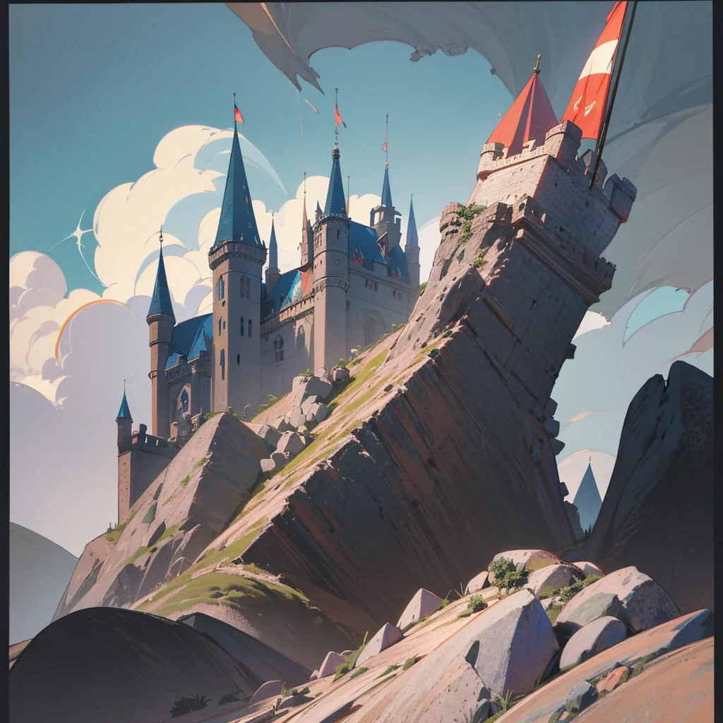 An ornate medieval castle perched atop a craggy cliff, turrets reaching towards the sky, depicted in a mezzotint risograph stippled style that accentuates the ancient stonework's textures and weathered surfaces. hyper realistic, 8k, vibrant colors, sharp crisp image, Shifters in the flag.
