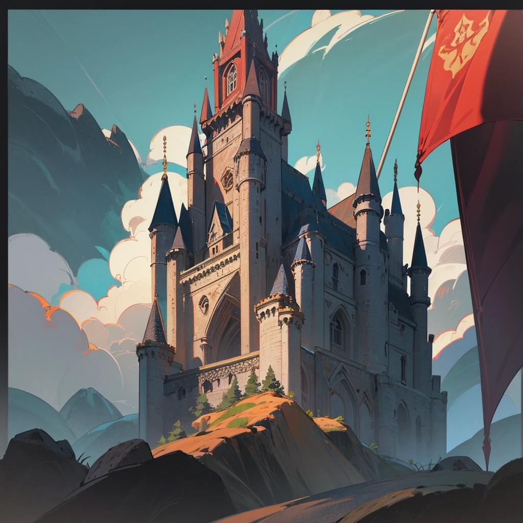An ornate medieval castle perched atop a craggy cliff, turrets reaching towards the sky, depicted in a mezzotint risograph stippled style that accentuates the ancient stonework's textures and weathered surfaces. hyper realistic, 8k, vibrant colors, sharp crisp image, Shifters in the flag.