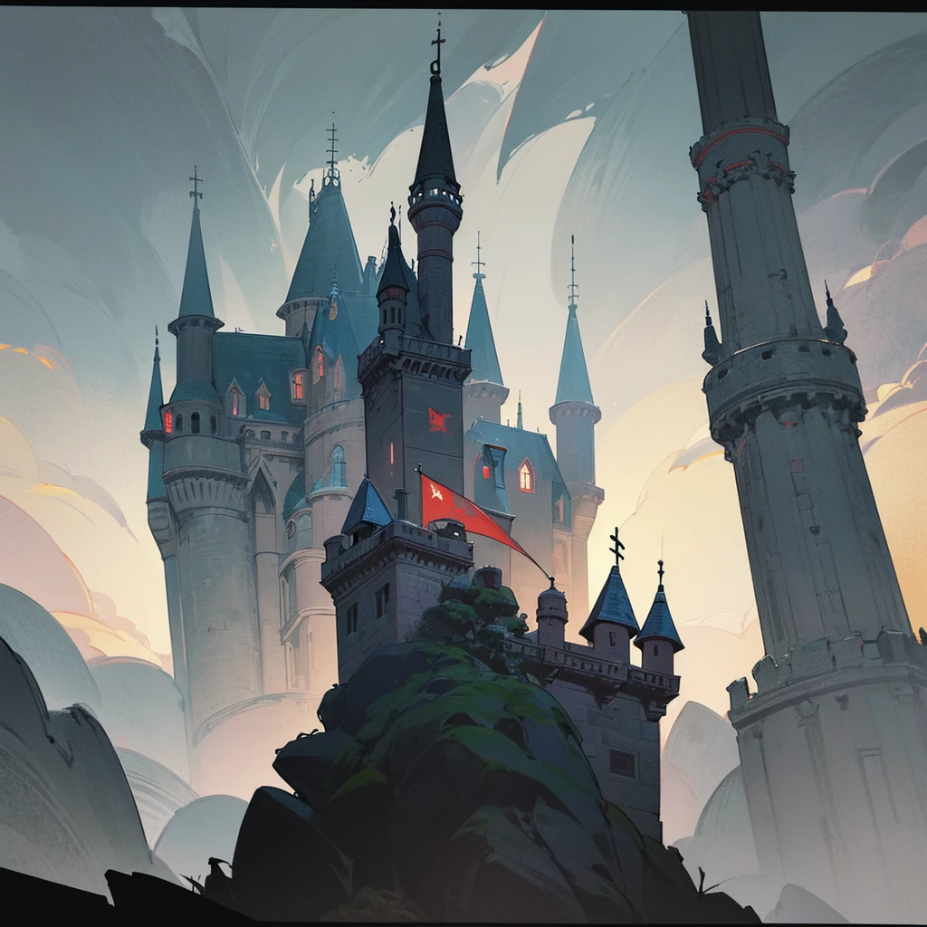 An ornate medieval castle perched atop a craggy cliff, turrets reaching towards the sky, depicted in a mezzotint risograph stippled style that accentuates the ancient stonework's textures and weathered surfaces. hyper realistic, 8k, vibrant colors, sharp crisp image, Shifters in the flag.