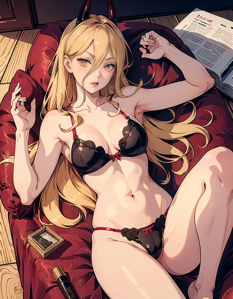 (masterpiece, best quality), power
sharp teeth
red horns
symbol-shaped pupils, beautiful girl, lying down, (detailed beautiful eyes) underwear, full body shot, long blonde hair, pink eyes, visible bellybutton