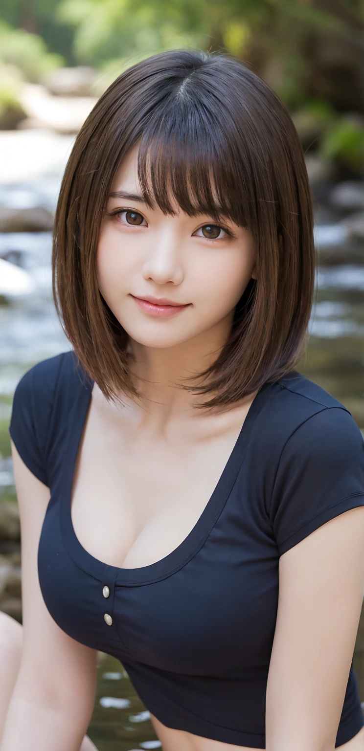One Girl, (Beautiful girl, Delicate girl:1.3), (:1.3),
break, (Plain T-shirt:1.2),
break, (Small waterfall background:1.2),
break, smile, Long legs, Very beautiful eyes, (Symmetrical eyes:1.3),
break, (Big Breasts:1.3), Brown eyes, Parted bangs, Brown bob cut hair, Round face, cute,
break, (Eye and facial details:1.0),
break, (masterpiece, Highest quality, Super detailed, Detailed face, 8K)