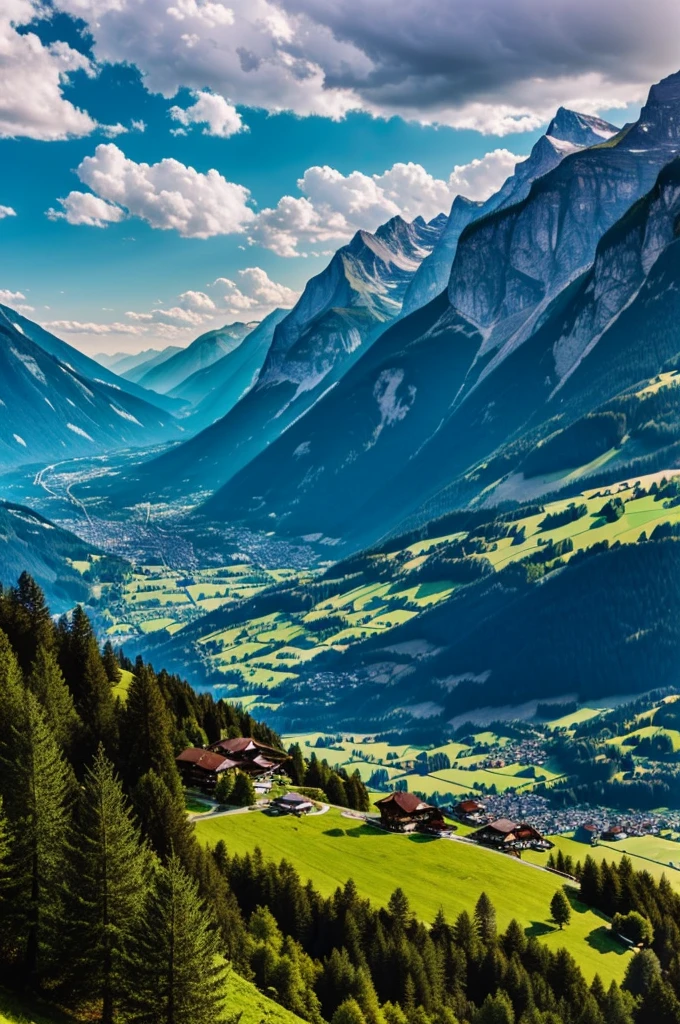 Switzerland landscape with mountains, Flush, Pine trees and clouds